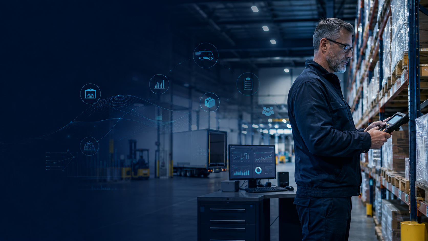 Warehouse professional using an RF scanner in an AI-enabled warehouse operation